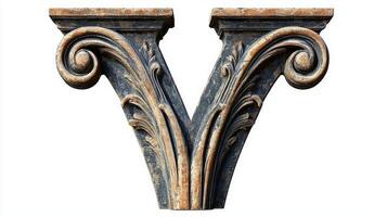 vintage letter V stands out with intricate column-like detailing, capturing the elegance of classic design against a clean white background, perfect for artistic use. photo