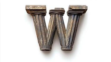 antique letter W crafted with a unique column texture stands prominently against a white backdrop, highlighting the beauty of traditional design elements. photo