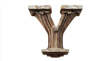 striking representation of the letter Y showcases an antique column texture, blending classical elegance with modern simplicity against a clean white background, ideal for design projects. photo