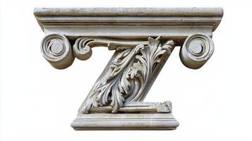 letter Z emerges from an antique column design, displaying ornate carvings of leaves and scrolls, set against a clean white background that highlights its craftsmanship. photo