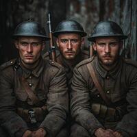 Three soldiers of the First World War sit together in a trench holding rifles and exuding a serious demeanor. Their rugged uniforms and expressions reflect the challenges of combat. photo