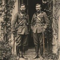 Two soldiers stand at attention showcasing their rifles and military gear as they pose for a newspaper. The image reflects the valor of World War I troops in period attire. photo