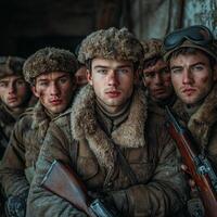 group of soldiers from World War I stands together showcasing their expressions and military gear. The men wear heavy clothing reflecting the eras harsh conditions. photo