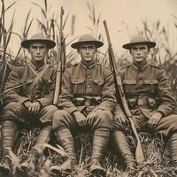 Three World War I soldiers proudly pose with their rifles showcasing their uniforms and camaraderie amidst tall grass embodying a moment of resilience during the conflict. photo