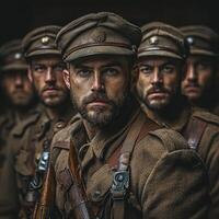 group of soldiers from World War I stands together holding their rifles depicting the bond and bravery of military service during that historical period. photo