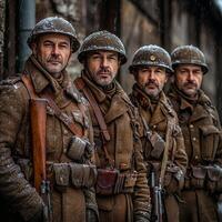 Four soldiers stand in formation dressed in World War I uniforms and equipped with rifles with snowy weather highlighting their rugged appearance. photo