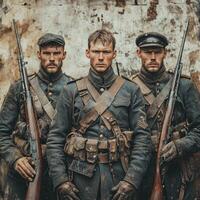 Three soldiers from the First World War stand resolutely with their rifles embodying the spirit of honor and commitment during an era of conflict. photo