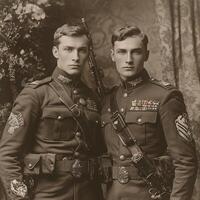 Two soldiers from the First World War stand confidently with their rifles showcasing their military attire adorned with medals captured in a vintage style for a newspaper feature. photo