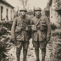 Two soldiers stand side by side dressed in wartime uniforms and holding rifles. The backdrop features a rustic setting reflective of the First World War era. photo