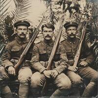 Three soldiers from World War I sit together with rifles exuding determination and camaraderie set against a backdrop of lush tropical foliage. photo