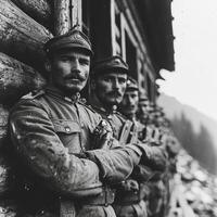 group of World War I soldiers stand confidently with their weapons outside a wooden structure embodying the spirit of camaraderie and duty during the conflict. photo