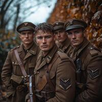 group of World War I soldiers stands together armed and dressed in period uniforms exuding a sense of unity and determination amidst an autumn backdrop. photo