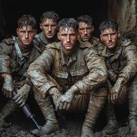 group of World War I soldiers displays camaraderie and determination posed with weapons amidst a muddy trench reflecting the hardships of wartime. photo