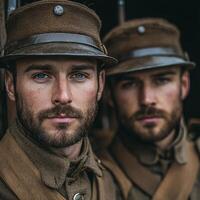 Two World War I soldiers stand close together dressed in period uniforms and holding their weapons. The atmosphere reflects a vintage style emphasizing their bravery. photo