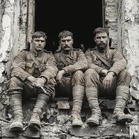 Three soldiers from the First World War sit on a crumbling wall wielding their weapons. They display a mix of determination and weariness representing the struggles of their time. photo