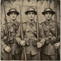 Three soldiers from World War I stand proudly with their rifles dressed in period uniforms that reflect the military style of the early 20th century ready for a newspaper feature. photo
