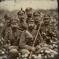 group of First World War soldiers stands proudly posing with their weapons in a field showcasing their uniforms and camaraderie in this retro portrait. photo