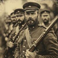 Brave soldiers from the First World War strike a proud pose with their rifles showcasing their uniforms in a vintage setting reflecting their camaraderie and commitment. photo