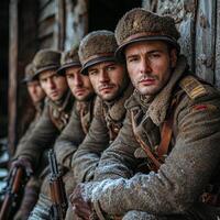 In a vintage atmosphere a group of First World War soldiers poses with their weapons showcasing camaraderie and the somber realities of wartime life. photo