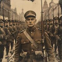 group of First World War soldiers stands at attention showcasing their uniforms and rifles. They exude a sense of pride and bravery in this retro styled capture. photo