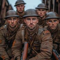 group of World War I soldiers clad in period uniforms poses confidently with their rifles showcasing the somber yet courageous spirit of the era. photo