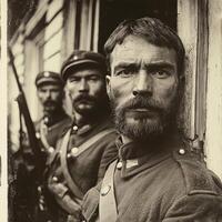 Three soldiers from the First World War stand in a doorway displaying their weapons with serious expressions highlighting the gravity of their duty during this historic conflict. photo