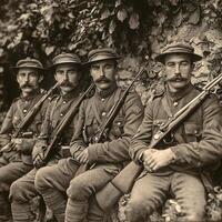 group of four soldiers from World War I poses with their rifles showcasing their uniforms and keen expressions against a textured backdrop reflecting the eras spirit. photo