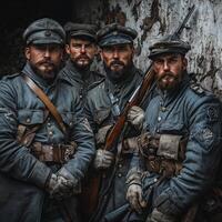 group of soldiers from World War I poses confidently with their rifles. Their vintage uniforms and serious expressions reflect the eras military spirit. photo