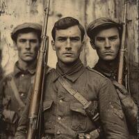 Three soldiers from World War I stand confidently holding their rifles capturing the serious atmosphere of the era in a vintage style photo intended for publication.