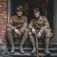 Two World War I soldiers dressed in period uniforms sit on steps with their rifles showcasing the camaraderie and resilience of troops during wartime. photo
