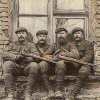 Four soldiers from World War I sit confidently by a window brandishing their rifles. Their expressions reflect a mix of determination and camaraderie during wartime. photo