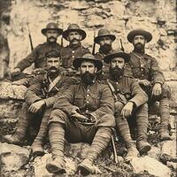 group of First World War soldiers poses confidently with their weapons showcasing their military attire and strong camaraderie against a rustic backdrop. photo
