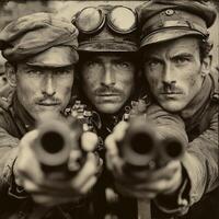 Three soldiers stand together aiming their rifles directly at the camera. Their serious expressions reflect the gravity of wartime during World War I photo
