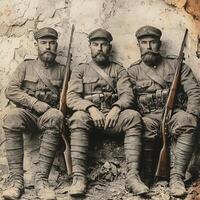 Three soldiers dressed in military uniforms sit together with their rifles embodying the spirit of the First World War. The vintage style highlights their camaraderie and determination. photo