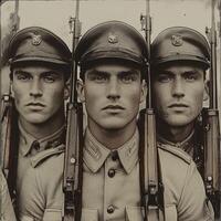 Three World War I soldiers stand in formation proudly holding their rifles and presenting a united front in a retro styled presentation for a newspaper. photo
