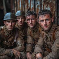 Four soldiers marked by war sit closely together in the trenches wearing uniforms and helmets holding their weapons and facing the camera showcasing their resilience. photo