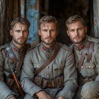 Three soldiers from the First World War sit closely together dressed in period uniforms and holding their weapons. They exude a sense of unity and determination. photo