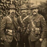 Three World War I soldiers stand together confidently displaying their weapons amidst a backdrop of lush greenery capturing a moment of camaraderie and valor. photo