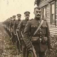 group of World War I soldiers stands in line dressed in military uniforms and holding rifles ready for a photograph photo