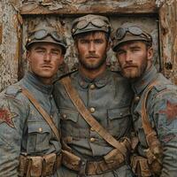 Three World War I soldiers stand together proudly displaying their weapons and uniforms embodying the spirit and resilience of their time during a historic moment. photo