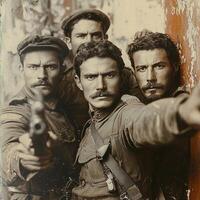 In an evocative display of strength soldiers from the First World War pose together with their weapons showcasing unity and resolve for a newspaper feature. photo