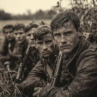 group of World War I soldiers dressed in uniforms and armed with rifles poses amidst a muddy field embodying the harsh realities of wartime life. photo
