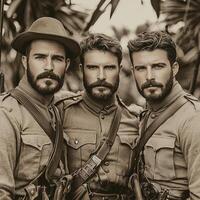 Three soldiers from the First World War stand together with their weapons showcasing their serious demeanor and military attire amidst a retro backdrop. photo