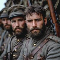 Soldiers of World War I stand sternly clad in militaristic uniforms posing with their rifles as they prepare for a newspaper feature showcasing their camaraderie and valor. photo