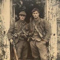 Two soldiers from the First World War stand confidently with their rifles dressed in period uniforms captured in a vintage style for a newspaper feature. photo