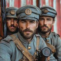Three soldiers dressed in uniforms from World War I pose with their rifles showcasing their determination and camaraderie. The setting reflects a historical atmosphere. photo