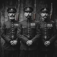 Three World War I soldiers stand proudly in uniform displaying their weapons and medals capturing the essence of courage during a significant period in history. photo
