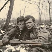 Two soldiers from World War I sit closely together in a forest gripping their rifles. The vintage atmosphere reflects the hardships and camaraderie of wartime. photo