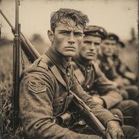 group of First World War soldiers sits for a newspaper feature showcasing their weapons and uniform in a vintage earnest portrayal of military life. photo