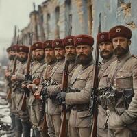 group of soldiers from the First World War stand in formation holding rifles and wearing distinct uniforms showcasing their camaraderie and readiness in a worn environment. photo
